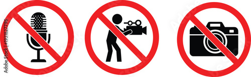 Vector collection of red prohibition signs including no recording no video and no photography symbols isolated on white background for security privacy and restricted area design projects