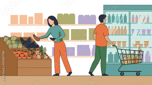 Shoppers buying fresh produce and groceries in a modern supermarket.