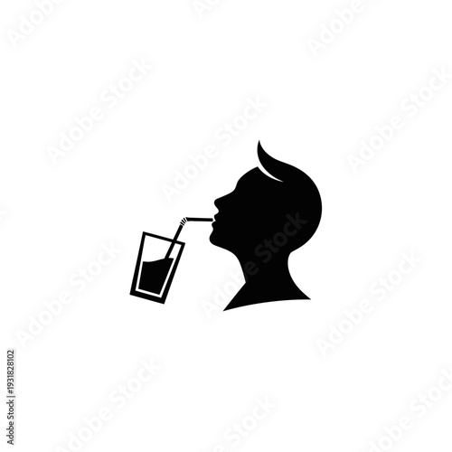 Minimalist black vector logo portraying a person's profile enjoying a drink with a straw, a clean silhouette icon ideal for beverage, hydration, or lifestyle branding