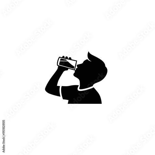 Black silhouette vector icon of a person enjoying a refreshing beverage from a can or bottle, symbolizing hydration, thirst relief, and active lifestyle consumption