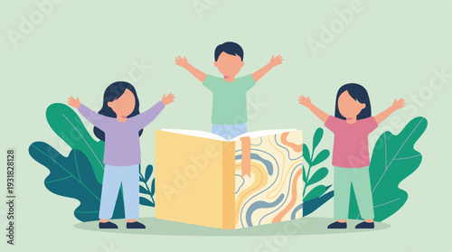 Happy diverse children celebrating reading and learning with an open book