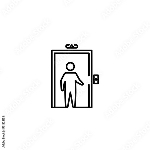 Simple black and white line art icon representing a person inside an elevator with the door open, symbolizing a lift service or entry
