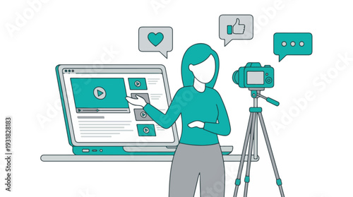 Woman creating online video content with laptop and professional camera