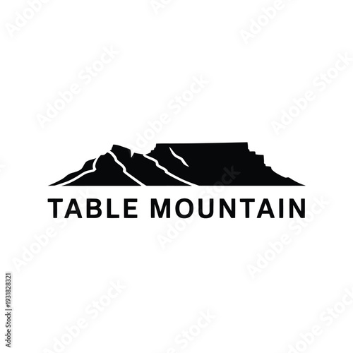 Black silhouette of table mountain with text label below it