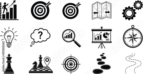 Business Strategy Icon Set Featuring Growth Charts, Targets, Maps, Gears, Ideas, Global Analysis, Solutions, Chess Pieces, and Success Planning Symbols