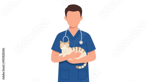 Veterinarian in blue scrubs holding a cute domestic cat illustration
