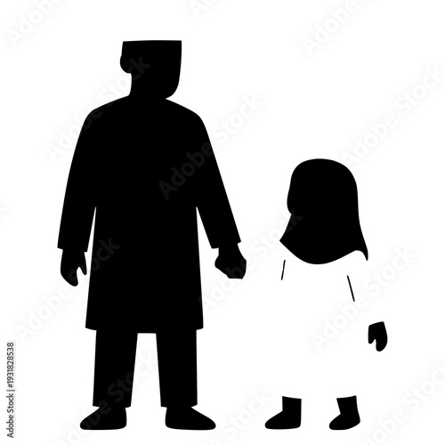 Silhouette of a muslim man wearing a songkok standing next to a young girl in a hijab and dress.