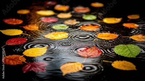 Colorful autumn foliage floats upon dark water exhibiting concentric rain ripples