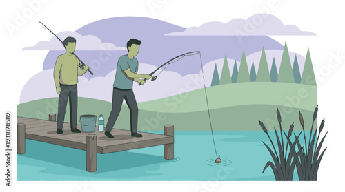 Two men fishing on a wooden pier in a natural lake setting