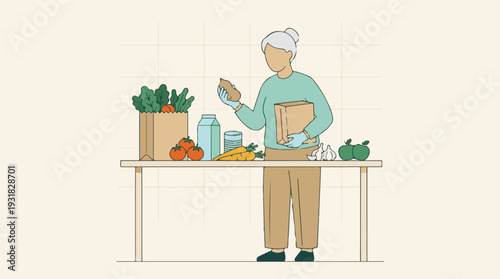 Elderly woman unboxing fresh groceries after shopping, healthy lifestyle