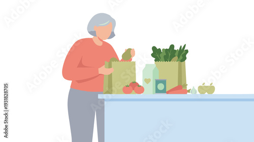 Elderly woman organizing healthy groceries on a kitchen counter