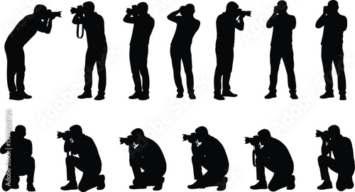 Professional Photographer Silhouette Set Featuring Various Poses Standing Crouching and Kneeling While Taking Photos with Digital Camera for Media and Journalism