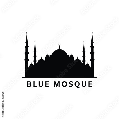 Silhouette of the blue mosque in istanbul with text below it