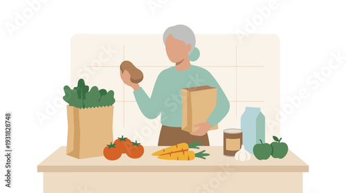 Senior woman unpacking fresh groceries on kitchen counter, healthy eating