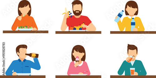 Vector Illustration Set of Diverse People Eating Healthy Meals Snacks and Drinking Water for Nutrition Wellness Balanced Diet and Daily Lifestyle Habits Graphic Design