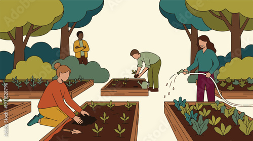 Diverse group of people planting and tending to a community garden