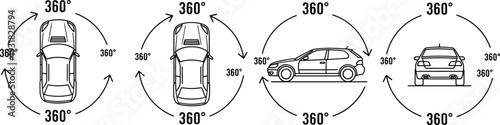 Vector line icons showing 360 degree car view from top side and rear angles for automotive virtual tours dealership marketing and vehicle inspection apps.