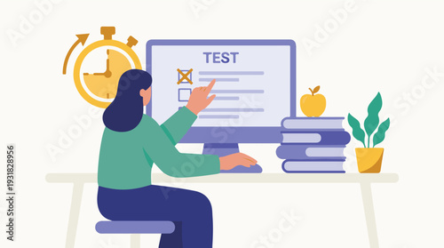 Woman taking timed online test on computer for e-learning
