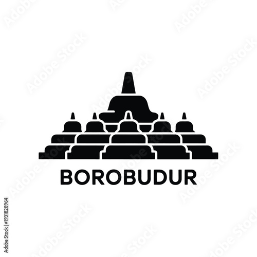 Stylized black silhouette of the ancient Borobudur temple in Indonesia