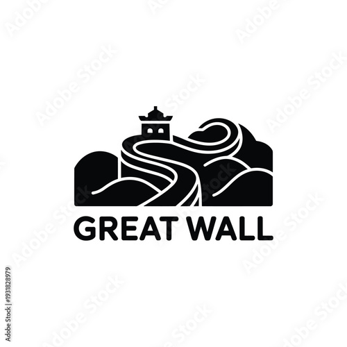 Stylized black and white illustration of the great wall and mountains