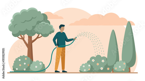 Man watering plants in a vibrant garden with a hose, flat style illustration