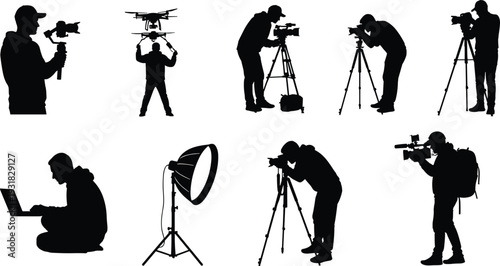 Professional videographer and photographer silhouettes set featuring gimbal operator, drone pilot, cinematographer with tripod, editor with laptop, and studio lighting.
