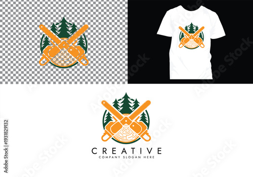 Lumberjack and Chainsaw Cutting logo, Woodcutting Tree Trunk Logo editable vector Design 