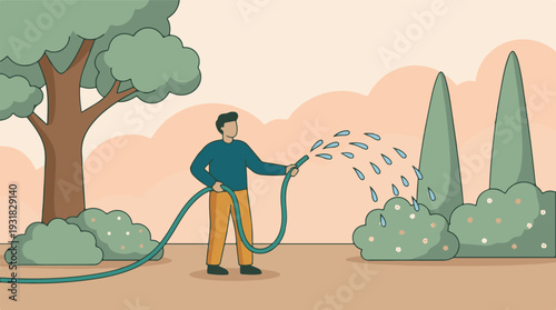 Man watering plants and bushes in a green garden with a hose