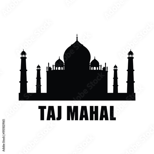 Black silhouette of the taj mahal with text below the structure