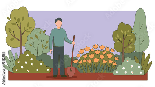Man gardening with a shovel amidst blooming flowers and green trees