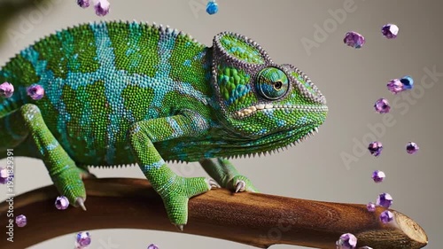 A chameleon sits on a branch with colorful gemstones floating around it