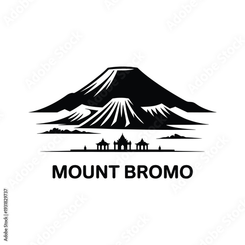 Minimalist black and white illustration of mount bromo with text below