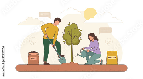 Couple planting and nurturing a tree for environmental sustainability
