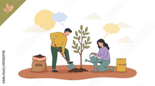 Man and woman planting a tree with soil and fertilizer, environmental care concept