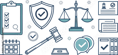 Legal and Compliance Icon Set with Shield, Gavel and Balance Scale