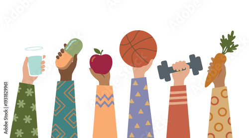 Diverse hands holding elements of a healthy and balanced lifestyle
