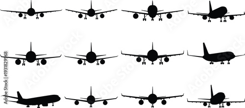 Airplane silhouettes collection, commercial passenger aircraft landing and takeoff views, aviation transport black vector illustration isolated on white