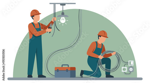 Two professional electricians performing electrical wiring and installation work