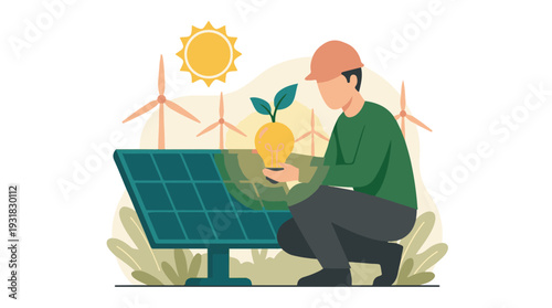 Engineer promoting green energy solutions with solar panels and wind turbines