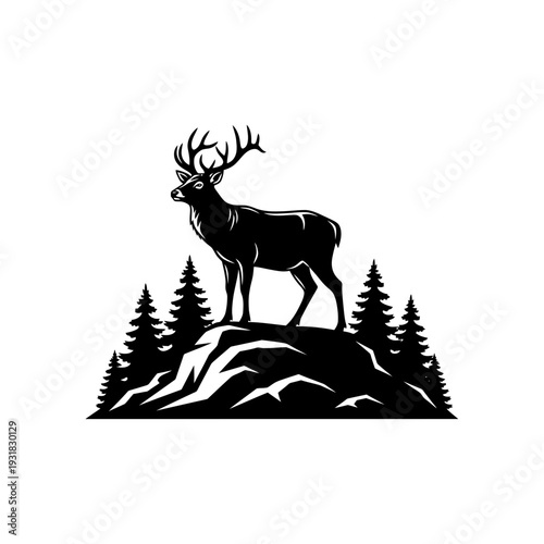 A black silhouette of a deer standing on a mountain with trees