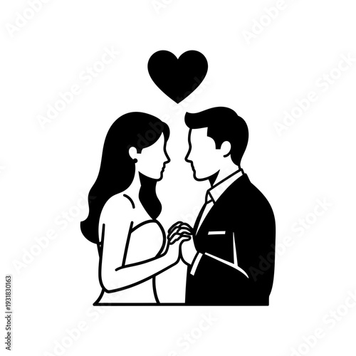 A minimalist vector graphic of a loving couple in silhouette with a black heart