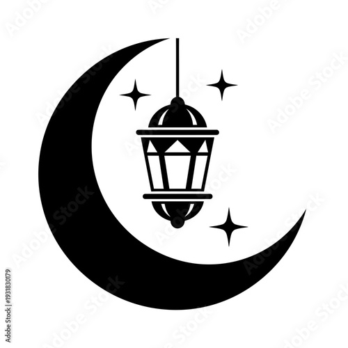 Minimalist Black Crescent Moon and Hanging Lantern Icon – Eid Vector Illustration