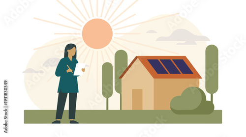 Woman inspecting a sustainable house equipped with solar panels under the sun