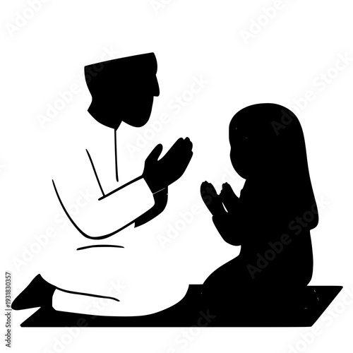 Silhouette of a muslim man and a young girl praying together on a prayer mat.