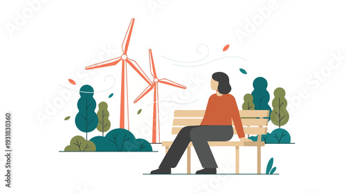 Woman sitting on a bench, observing wind turbines in a natural setting