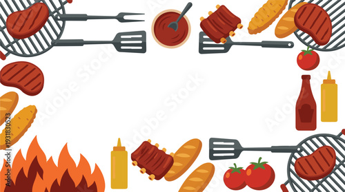 Barbecue party illustration with grilled food, sauces, and grilling tools
