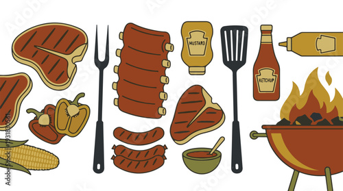 Barbecue grill party essentials with delicious meats, vegetables, and sauces