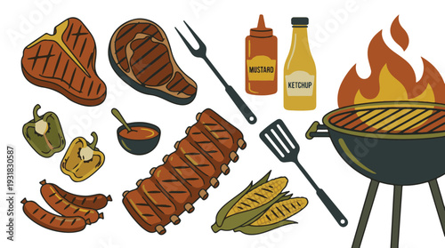 Barbecue Grill with Assorted Meats, Vegetables, and Condiments Illustration