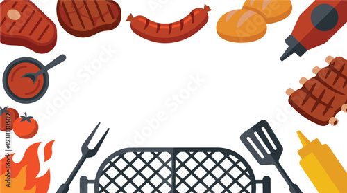 Barbecue food, tools, and sauces arranged around a central white copy space