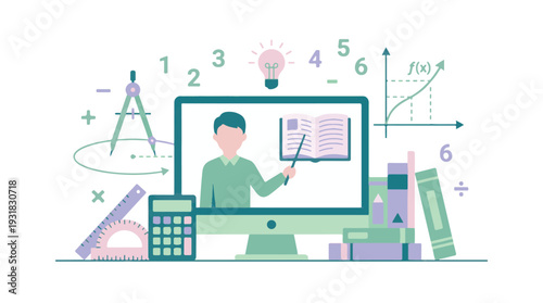 Online math education concept with teacher on computer and academic tools